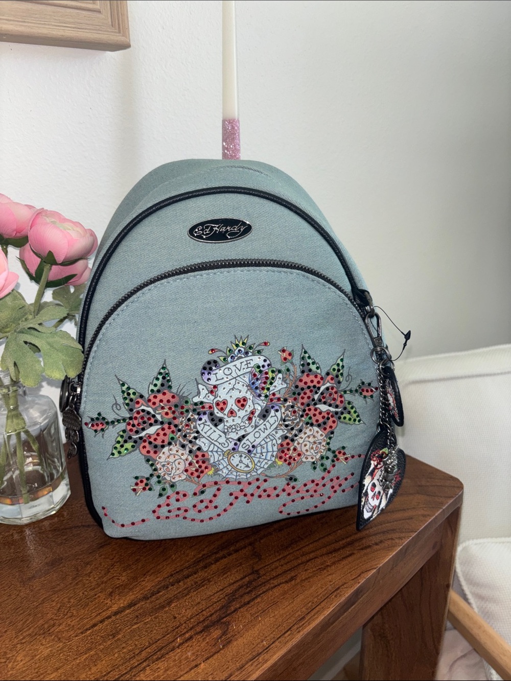 Ed Hardy Mint Green Embroidered Floral Mini Backpack